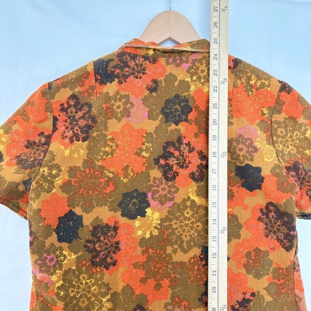 VTG Handmade 60s Floral Retro‎ Open Front Blouse Top Orange Brown Hippy Boho S